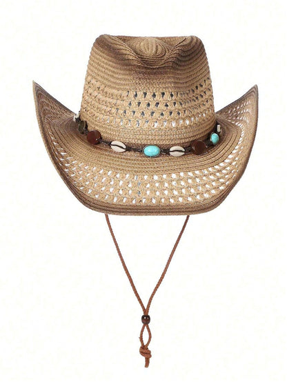 Wide Brim Printed Cowboy Straw Hat With Beaded Trim Hollow Out Breathable Hand Woven Sun Beach Hat