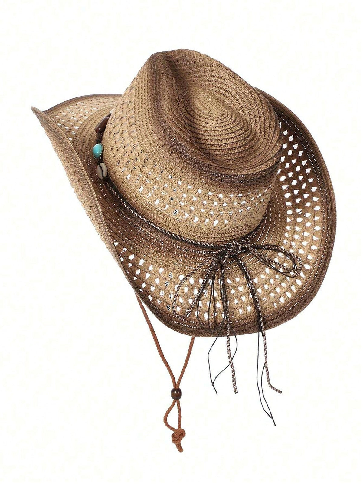 Wide Brim Printed Cowboy Straw Hat With Beaded Trim Hollow Out Breathable Hand Woven Sun Beach Hat