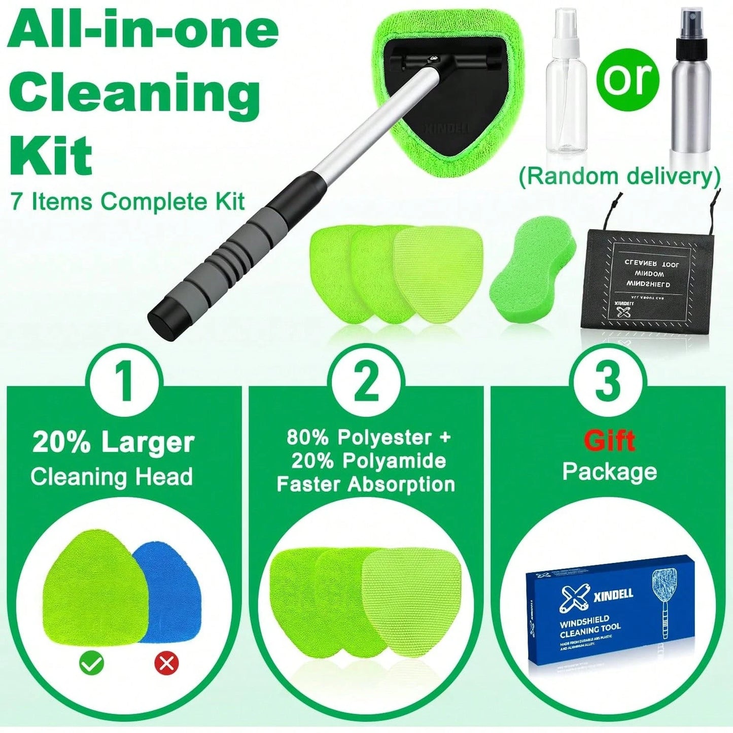 Windshield Cleaner- Car Interior Window Cleaning Kit With Extendable Handle & 3 Microfiber Pads, Auto Wiper Inside Windshield Brush Car & Home W5GV