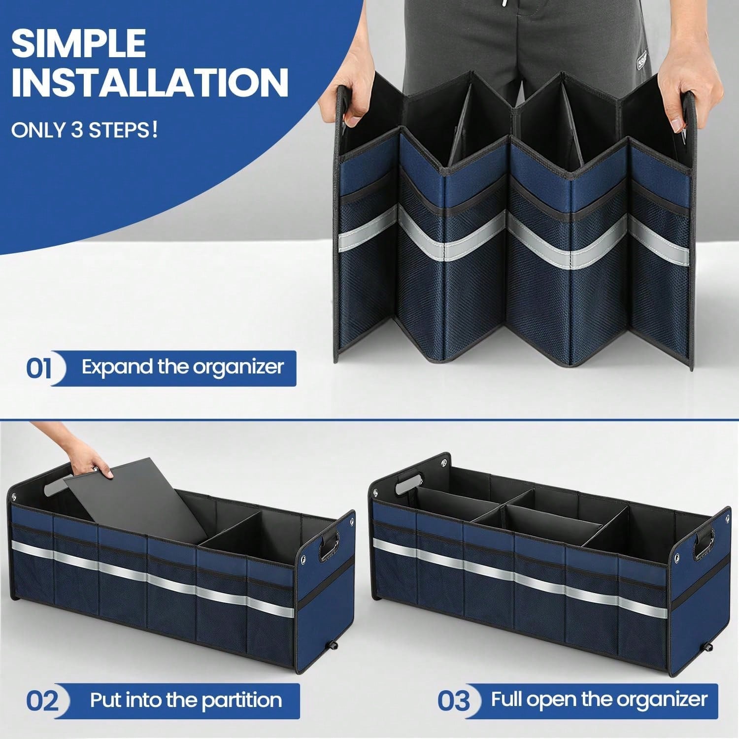 Winhunt Car Trunk Organizer, Car Storage Organizer, Collapsible Multi Compartment For Car, Suv, Sedan, Truck, 100L, Extra Larger (Blue, 100L)