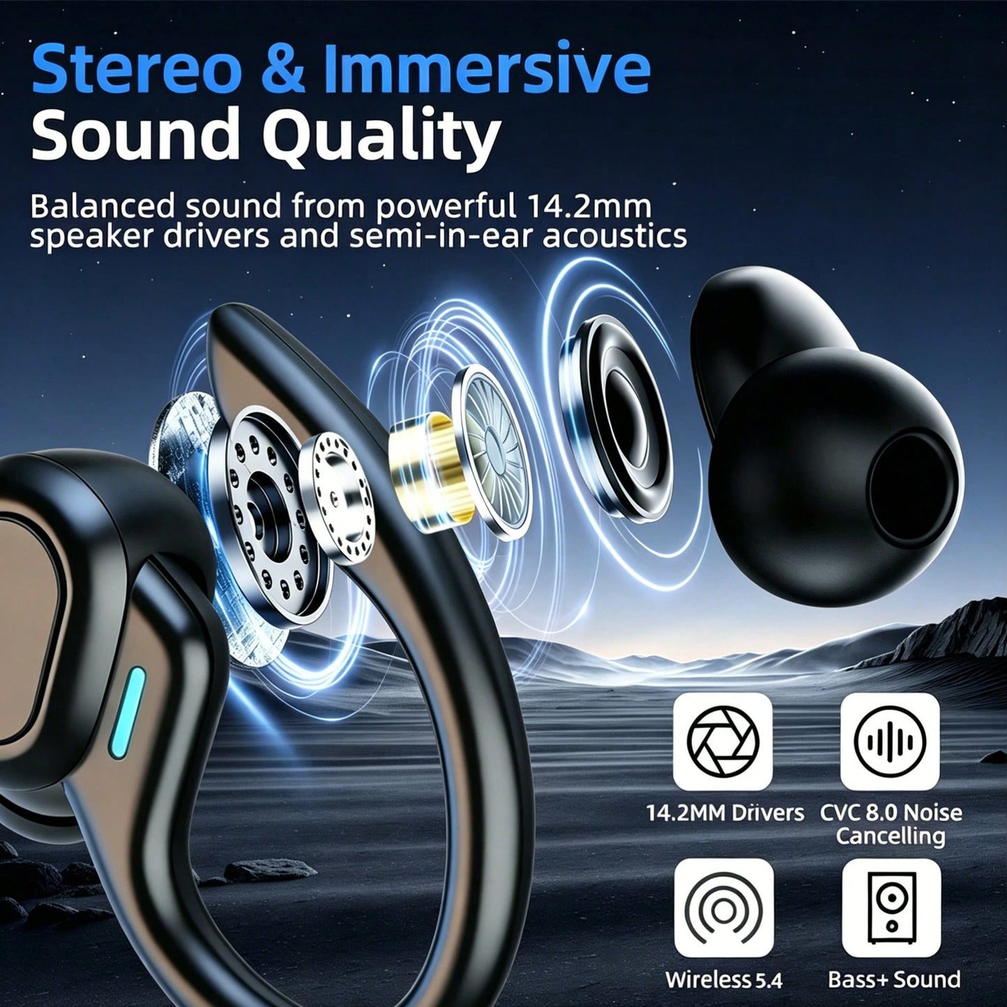 Wireless Earbud, Bluetooth 5.4 Headphones Pure Bass Sound With Earhooks,Ear Headphones With Dual-LED Display, Earphones Built-In Microphone For Running Sports