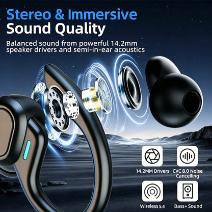 Wireless Earbud, Bluetooth 5.4 Headphones Pure Bass Sound With Earhooks,Ear Headphones With Dual-LED Display, Earphones Built-In Microphone For Running Sports