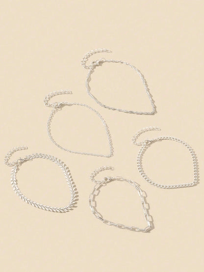 Wis 5 Pcs/Set Bling Bling Copper Handmade Chain Hollow Heart Charm Layered Anklets Suitable For Women Beach Holiday Party Wear Foot Jewelry Accessories