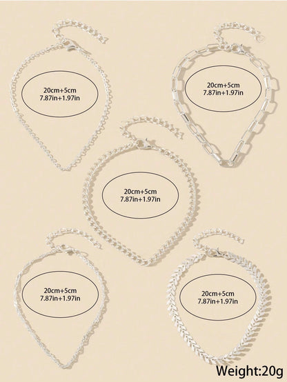 Wis 5 Pcs/Set Bling Bling Copper Handmade Chain Hollow Heart Charm Layered Anklets Suitable For Women Beach Holiday Party Wear Foot Jewelry Accessories