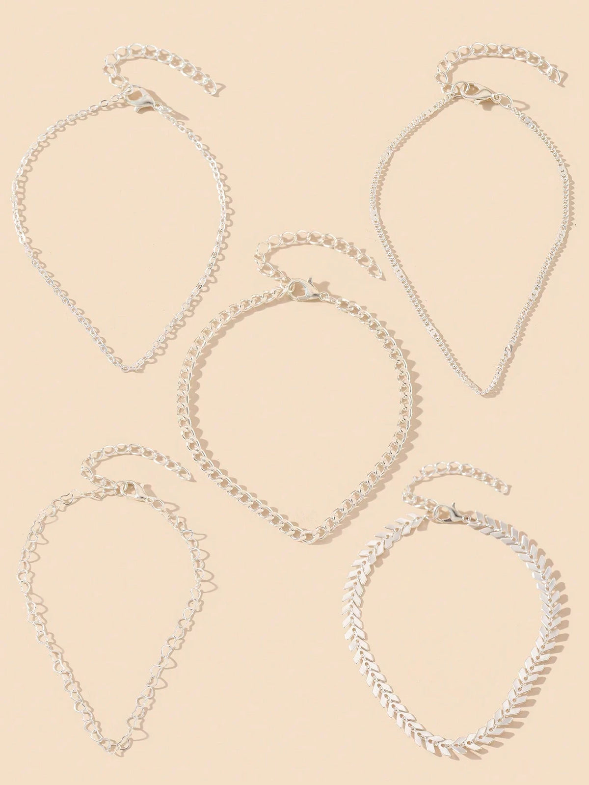 Wis 5 Pcs/Set Bling Bling Copper Handmade Chain Hollow Heart Charm Layered Anklets Suitable For Women Beach Holiday Party Wear Foot Jewelry Accessories
