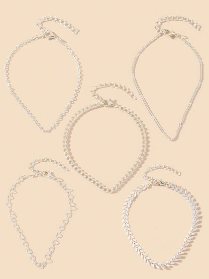 Wis 5 Pcs/Set Bling Bling Copper Handmade Chain Hollow Heart Charm Layered Anklets Suitable For Women Beach Holiday Party Wear Foot Jewelry Accessories
