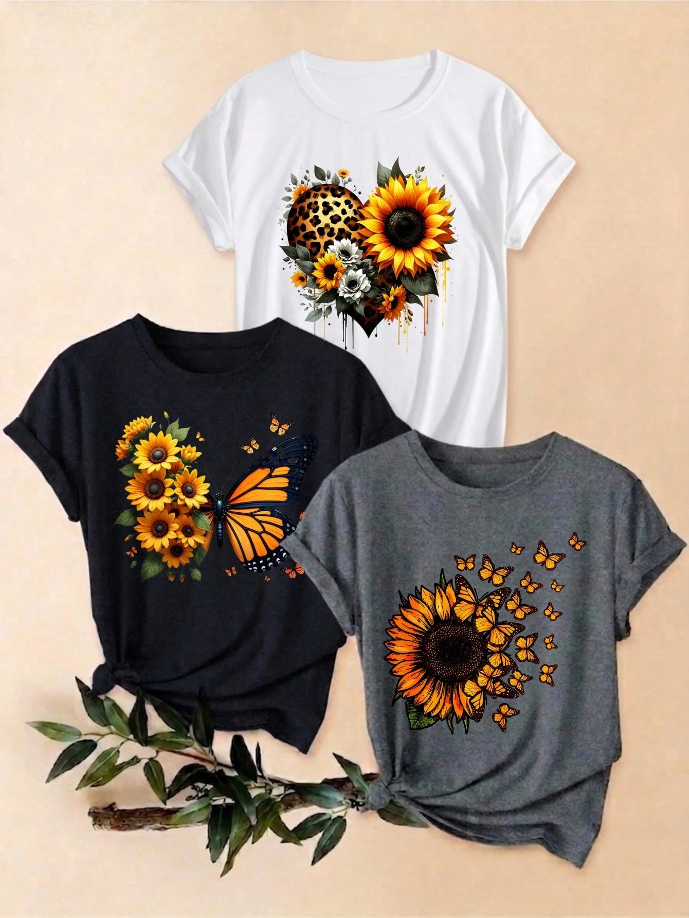 Women 3 Piece Outfit Set, Oversized, Relaxed Fit, Crew Neck Sunflower Butterfly Leopard Heart Everyday Casual Short Sleeve Three Piece Women Set