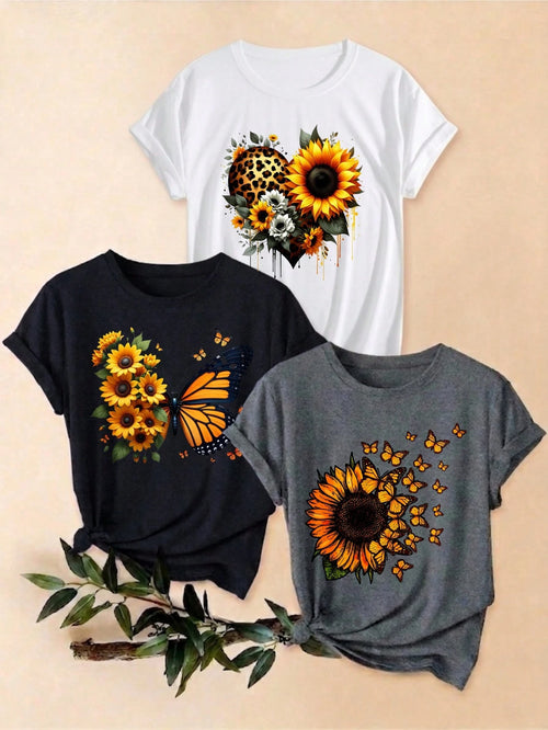 Women 3 Piece Outfit Set, Oversized, Relaxed Fit, Crew Neck Sunflower Butterfly Leopard Heart Everyday Casual Short Sleeve Three Piece Women Set