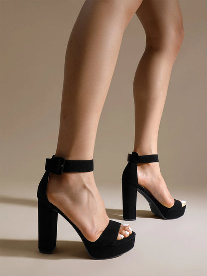 Women High Heel Chunky Block Platform Heels Buckle Decor Ankle Strap Open Toe Chunky Heeled Sandals, Perfect For Autumn Party, Wedding, Prom Night