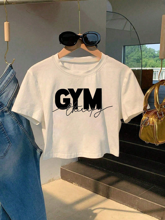 Women Letter Print Round Neck Short Sleeve Cropped T-Shirt