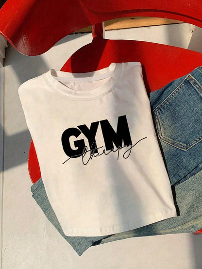 Women Letter Print Round Neck Short Sleeve Cropped T-Shirt