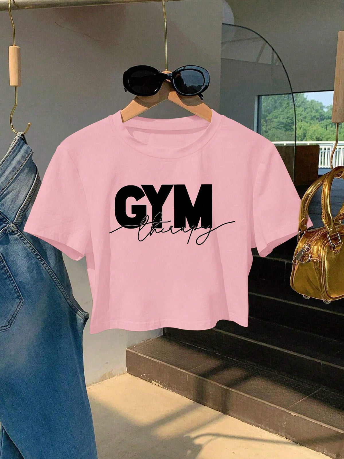 Women Letter Print Round Neck Short Sleeve Cropped T-Shirt