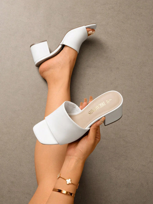 Women Minimalist Chunky Heeled Mule Sandals, Comfortable Slip On Square Open Toe Heeled Sandals