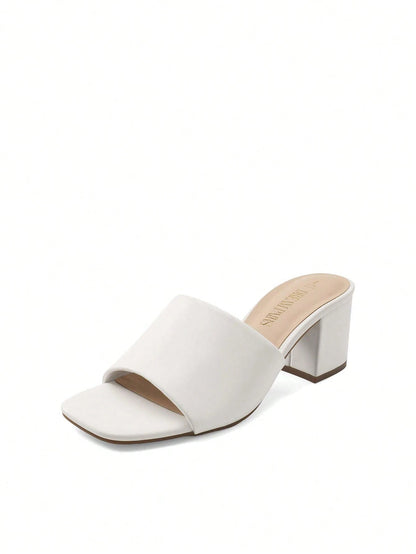 Women Minimalist Chunky Heeled Mule Sandals, Comfortable Slip On Square Open Toe Heeled Sandals