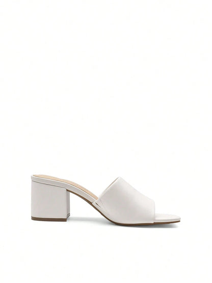 Women Minimalist Chunky Heeled Mule Sandals, Comfortable Slip On Square Open Toe Heeled Sandals