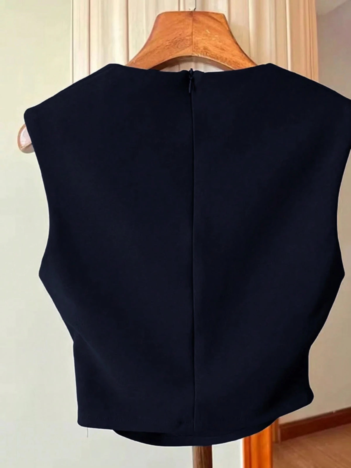 Women Navy Solid Color Pleated Waist Zip Back Sleeveless Tank Top