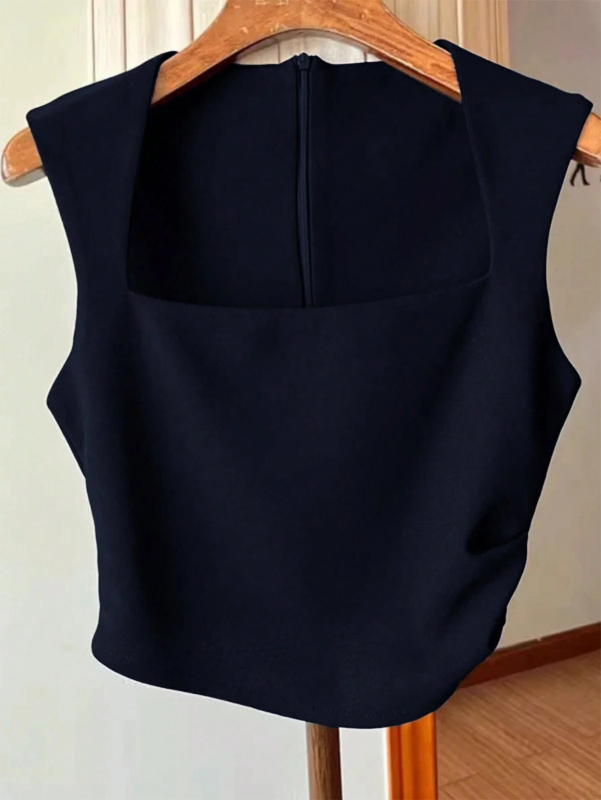 Women Navy Solid Color Pleated Waist Zip Back Sleeveless Tank Top