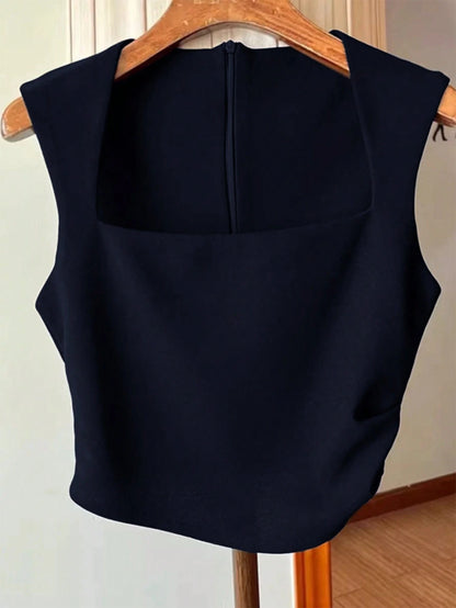 Women Navy Solid Color Pleated Waist Zip Back Sleeveless Tank Top