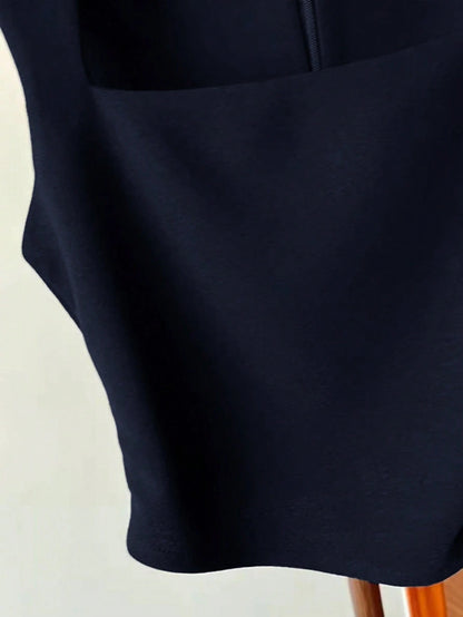 Women Navy Solid Color Pleated Waist Zip Back Sleeveless Tank Top