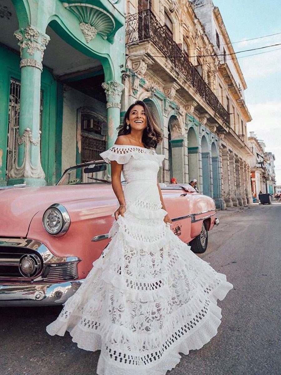 Women Off Shoulder Ruffle Tiered Maxi Dress, Eyelet Cutout Flowy Swing Gown, Western Holiday Ropa De Verano Outfit