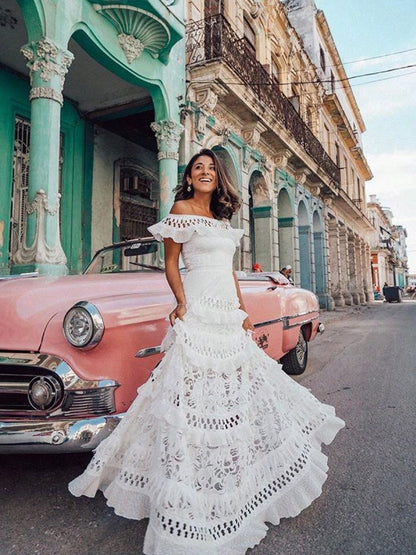 Women Off Shoulder Ruffle Tiered Maxi Dress, Eyelet Cutout Flowy Swing Gown, Western Holiday Ropa De Verano Outfit