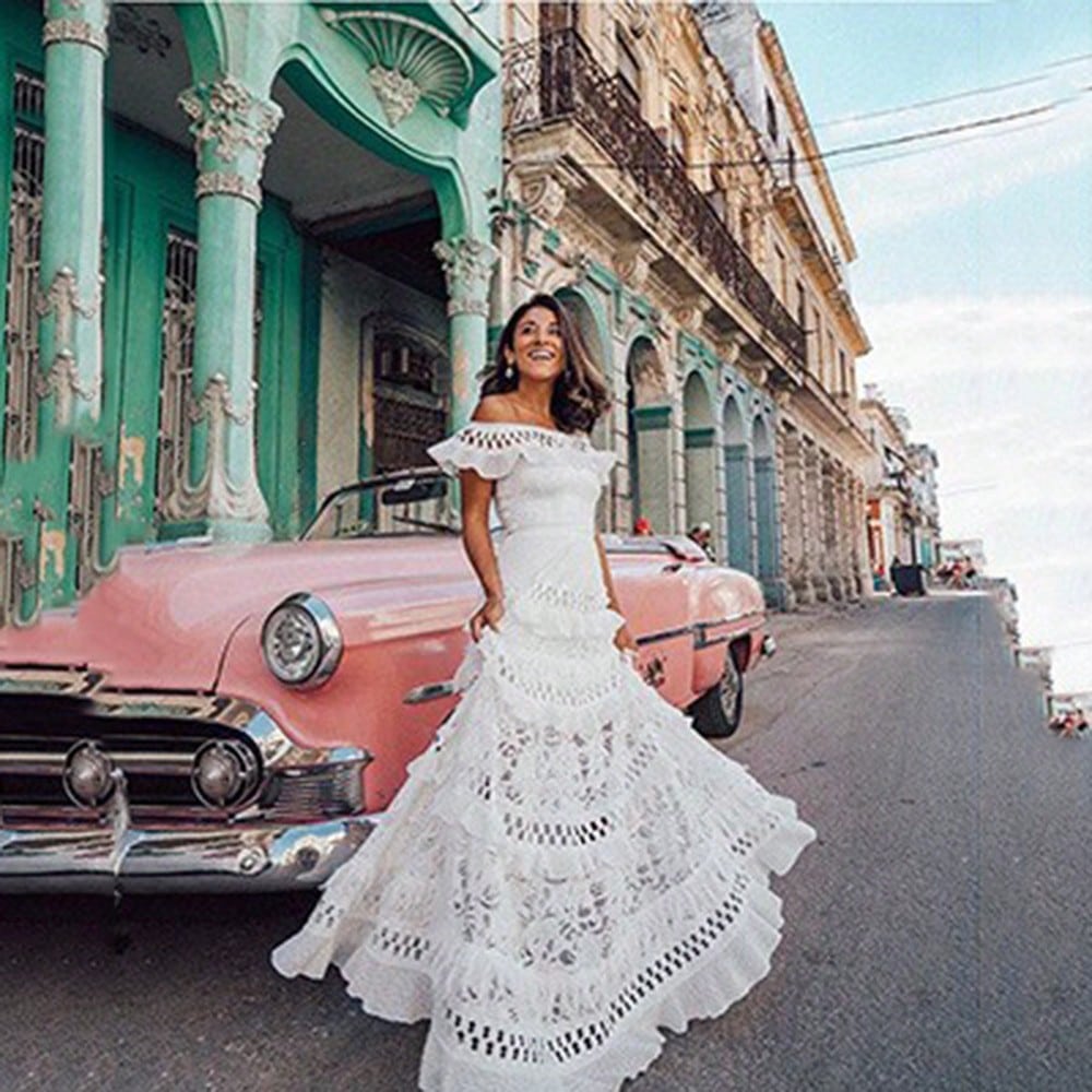Women Off Shoulder Ruffle Tiered Maxi Dress, Eyelet Cutout Flowy Swing Gown, Western Holiday Ropa De Verano Outfit