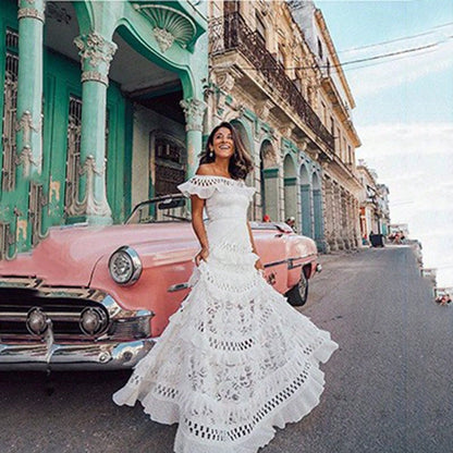 Women Off Shoulder Ruffle Tiered Maxi Dress, Eyelet Cutout Flowy Swing Gown, Western Holiday Ropa De Verano Outfit