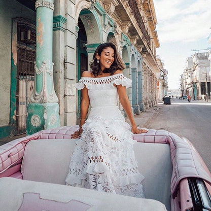 Women Off Shoulder Ruffle Tiered Maxi Dress, Eyelet Cutout Flowy Swing Gown, Western Holiday Ropa De Verano Outfit