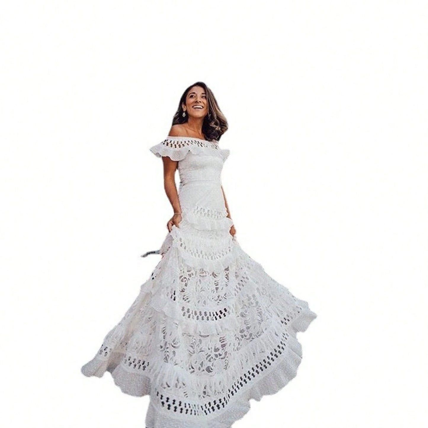 Women Off Shoulder Ruffle Tiered Maxi Dress, Eyelet Cutout Flowy Swing Gown, Western Holiday Ropa De Verano Outfit