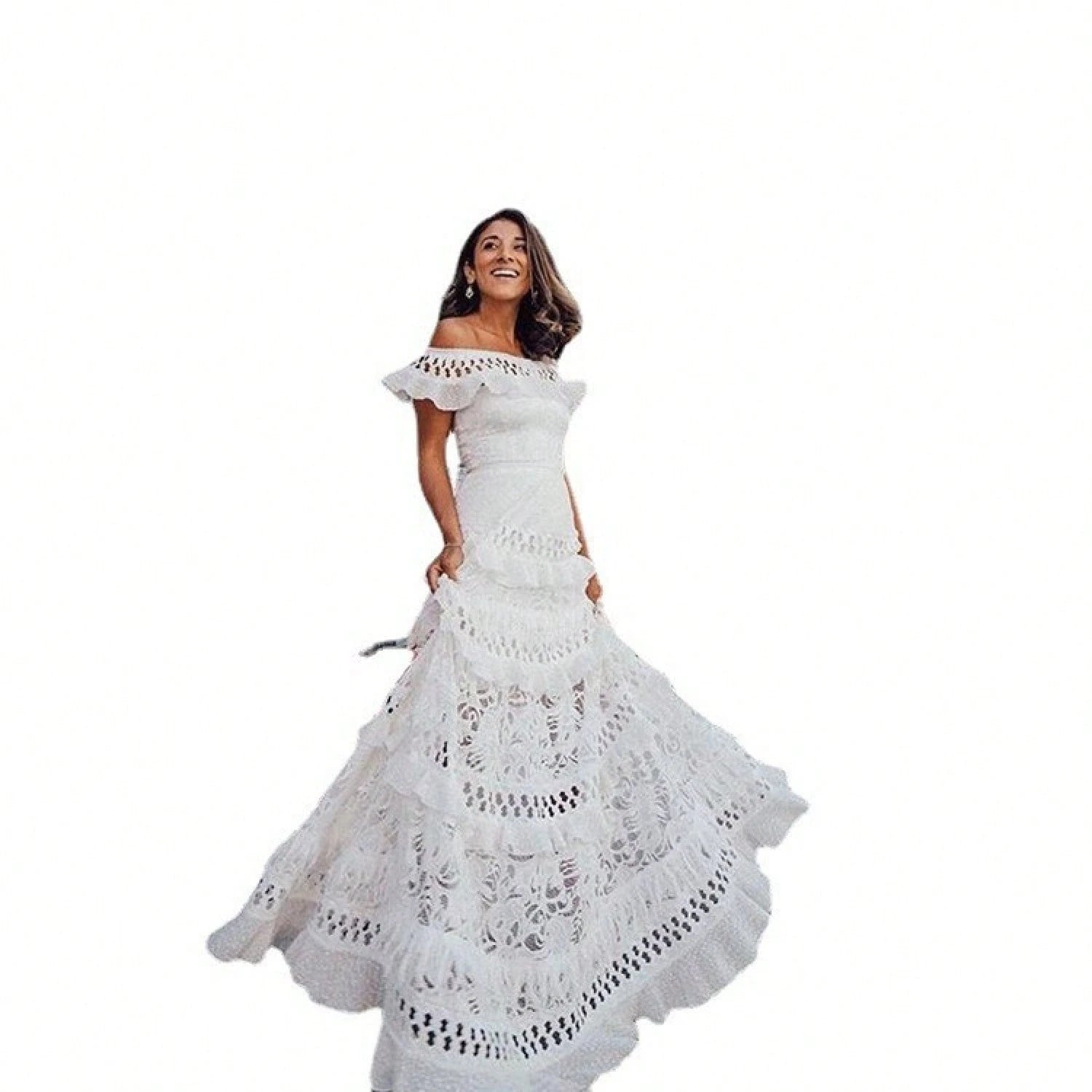 Women Off Shoulder Ruffle Tiered Maxi Dress, Eyelet Cutout Flowy Swing Gown, Western Holiday Ropa De Verano Outfit