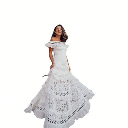 Women Off Shoulder Ruffle Tiered Maxi Dress, Eyelet Cutout Flowy Swing Gown, Western Holiday Ropa De Verano Outfit