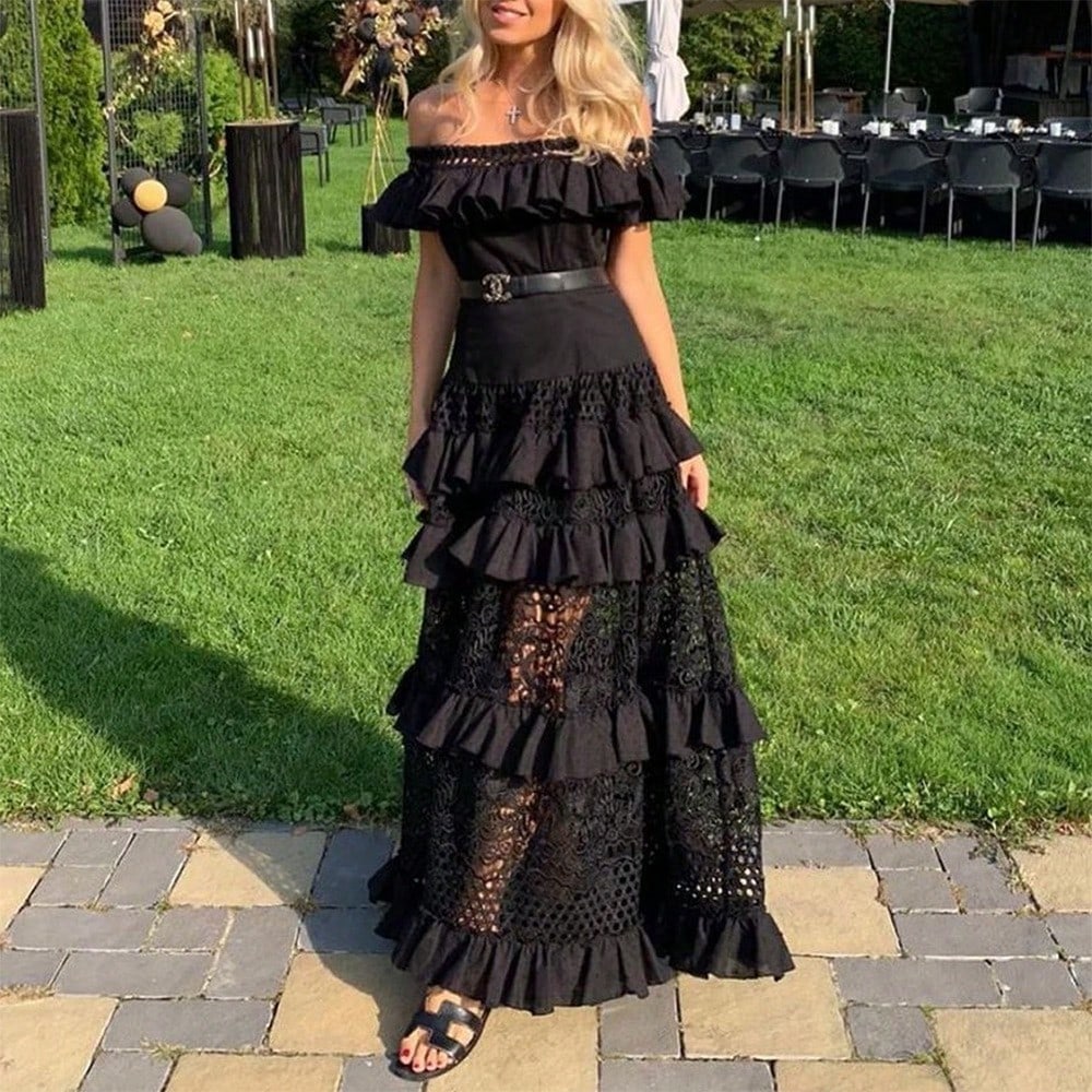 Women Off Shoulder Ruffle Tiered Maxi Dress, Eyelet Cutout Flowy Swing Gown, Western Holiday Ropa De Verano Outfit