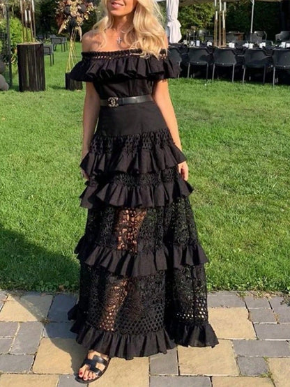 Women Off Shoulder Ruffle Tiered Maxi Dress, Eyelet Cutout Flowy Swing Gown, Western Holiday Ropa De Verano Outfit