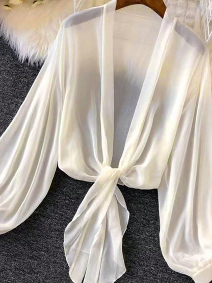 Women Plus Size Summer Thin Lantern Sleeve Tie-Waist Cardigan Winter Fall Autumn