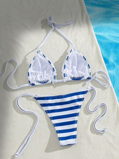 Women's 2-Piece Striped Bikini Swimsuit, Halter Neck Design, Side Tie Bottoms, Backless Style, High Elastic Fabric