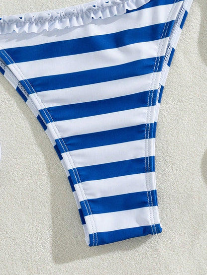 Women's 2-Piece Striped Bikini Swimsuit, Halter Neck Design, Side Tie Bottoms, Backless Style, High Elastic Fabric