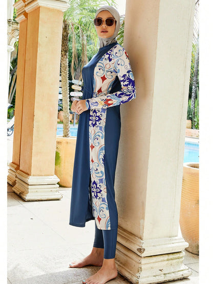 Women's 3-Piece Printed Splicing Modest Burkini Set, Including Top, Bottoms And Covering, Suitable For Swimming Pool, Beach, Surfing And Sun Protection Vacation Summer