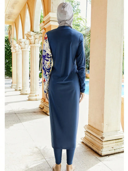 Women's 3-Piece Printed Splicing Modest Burkini Set, Including Top, Bottoms And Covering, Suitable For Swimming Pool, Beach, Surfing And Sun Protection Vacation Summer