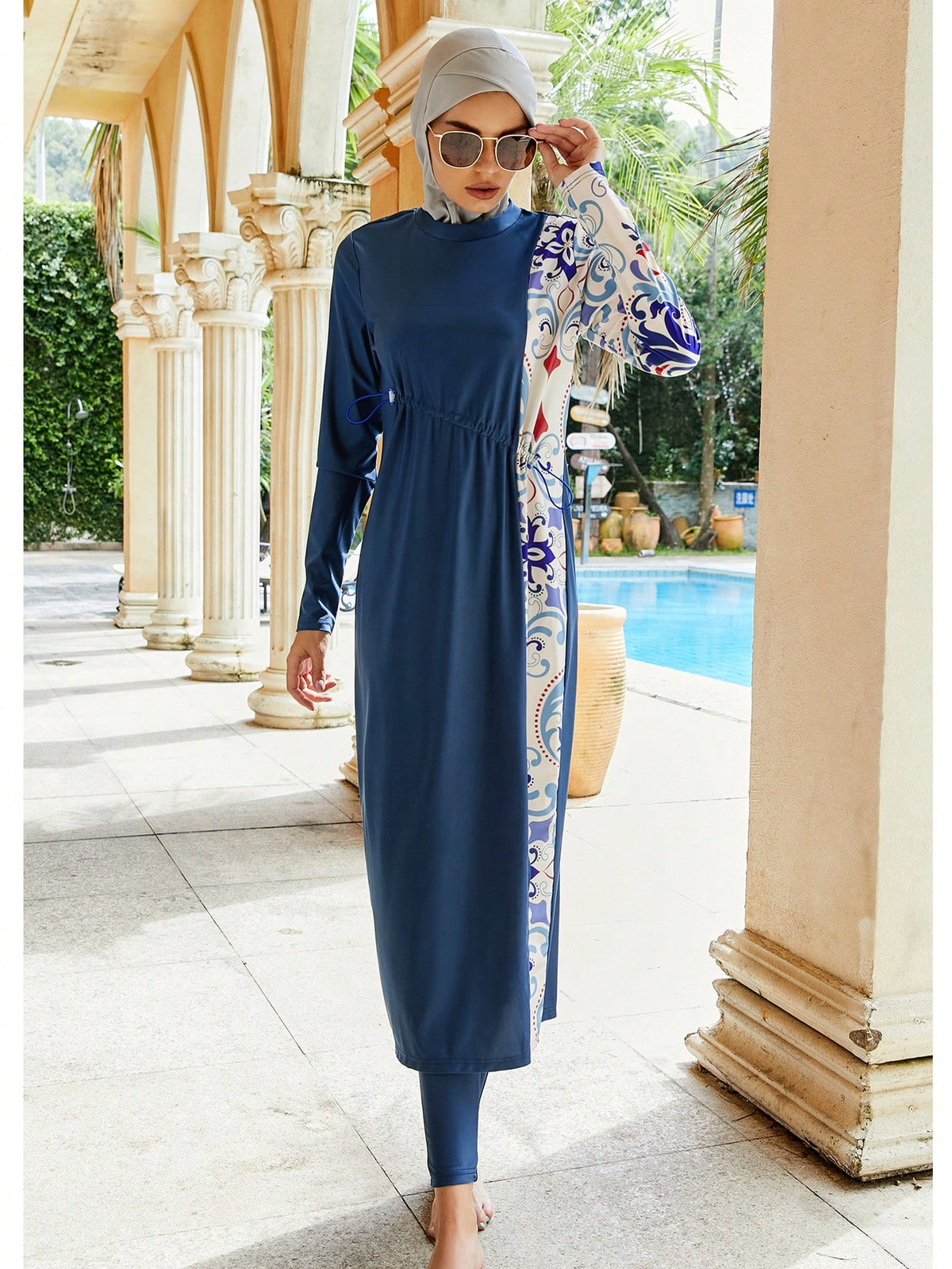 Women's 3-Piece Printed Splicing Modest Burkini Set, Including Top, Bottoms And Covering, Suitable For Swimming Pool, Beach, Surfing And Sun Protection Vacation Summer