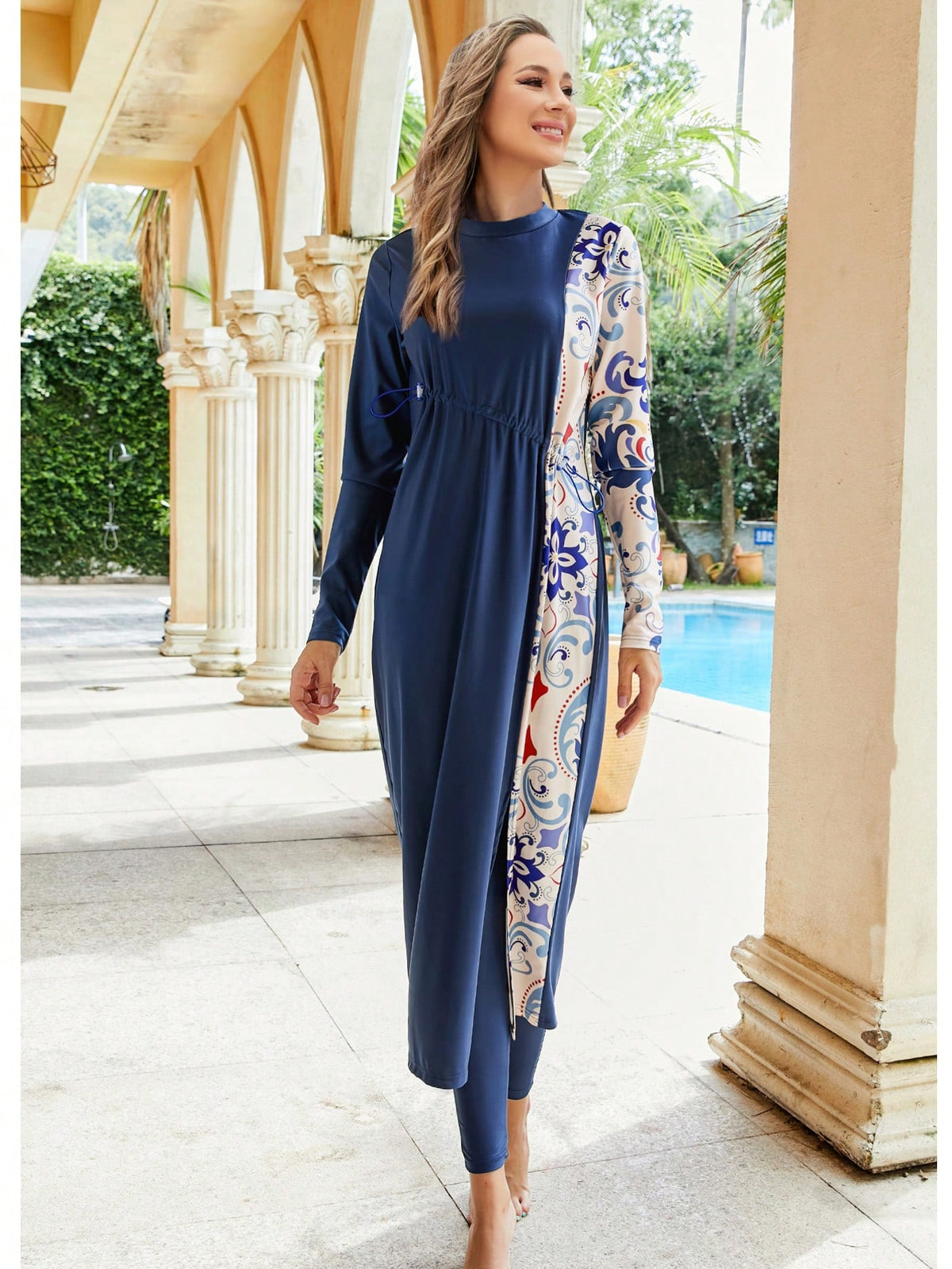 Women's 3-Piece Printed Splicing Modest Burkini Set, Including Top, Bottoms And Covering, Suitable For Swimming Pool, Beach, Surfing And Sun Protection Vacation Summer
