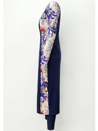 Women's 3-Piece Printed Splicing Modest Burkini Set, Including Top, Bottoms And Covering, Suitable For Swimming Pool, Beach, Surfing And Sun Protection Vacation Summer