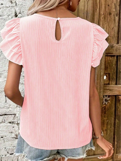 Women's Autumn Striped Ruffle Sleeve Round Neck Top, Casual Multi-Layer Ruffle Short Sleeve Blouse, Polyester Fabric Back To School Season Pink