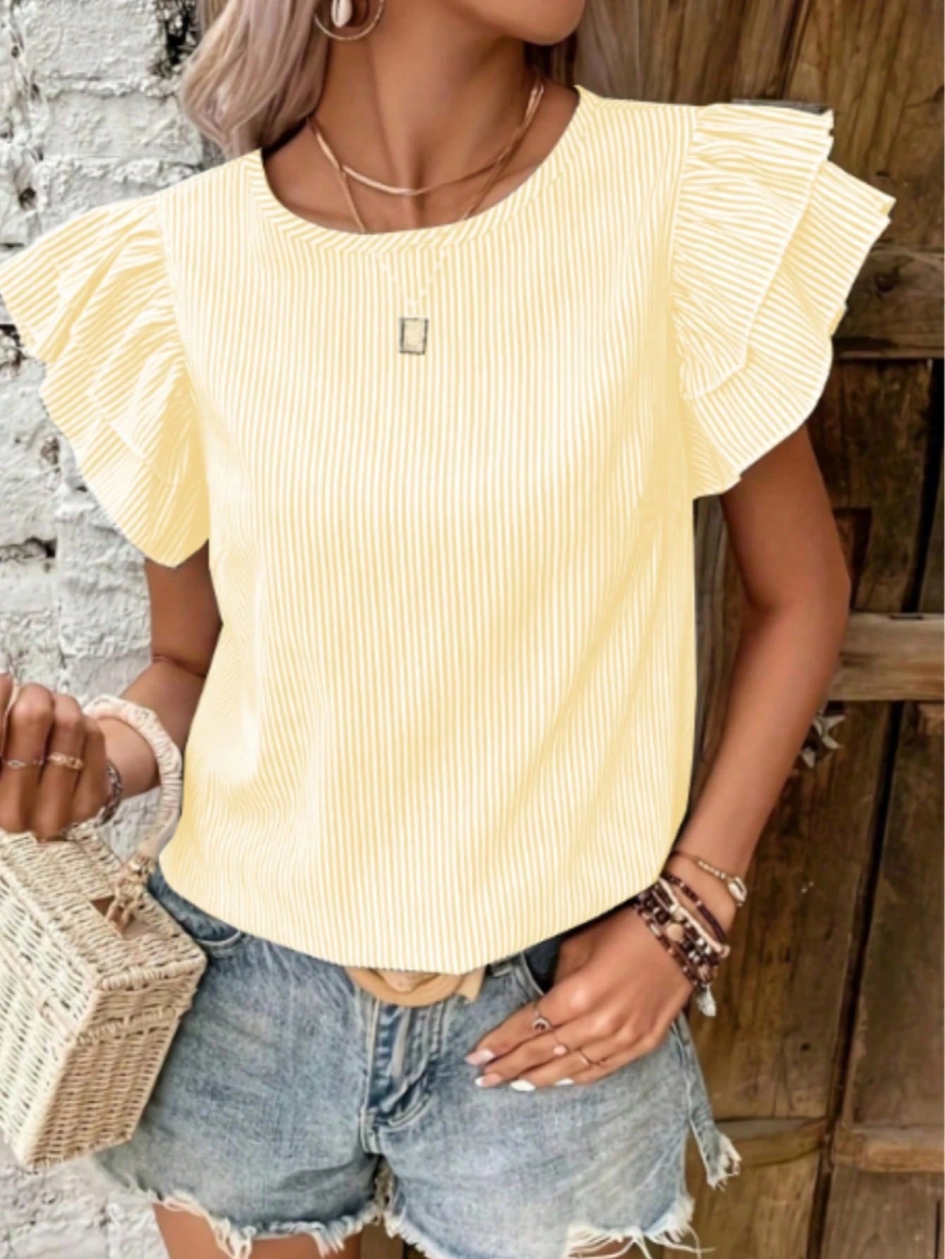 Women's Autumn Striped Ruffle Sleeve Round Neck Top, Casual Multi-Layer Ruffle Short Sleeve Blouse, Polyester Fabric Back To School Season Pink