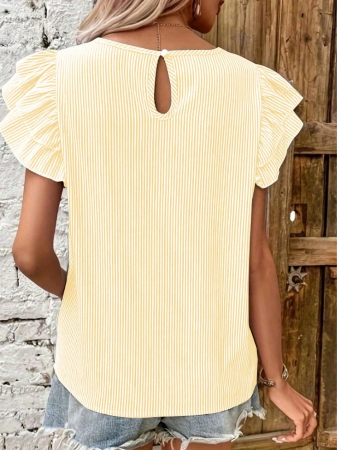 Women's Autumn Striped Ruffle Sleeve Round Neck Top, Casual Multi-Layer Ruffle Short Sleeve Blouse, Polyester Fabric Back To School Season Pink