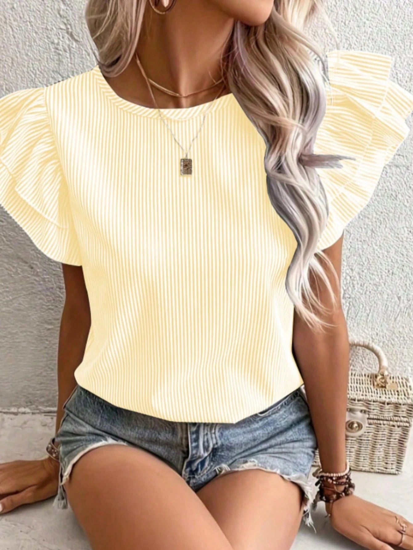 Women's Autumn Striped Ruffle Sleeve Round Neck Top, Casual Multi-Layer Ruffle Short Sleeve Blouse, Polyester Fabric Back To School Season Pink