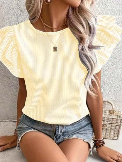 Women's Autumn Striped Ruffle Sleeve Round Neck Top, Casual Multi-Layer Ruffle Short Sleeve Blouse, Polyester Fabric Back To School Season Pink