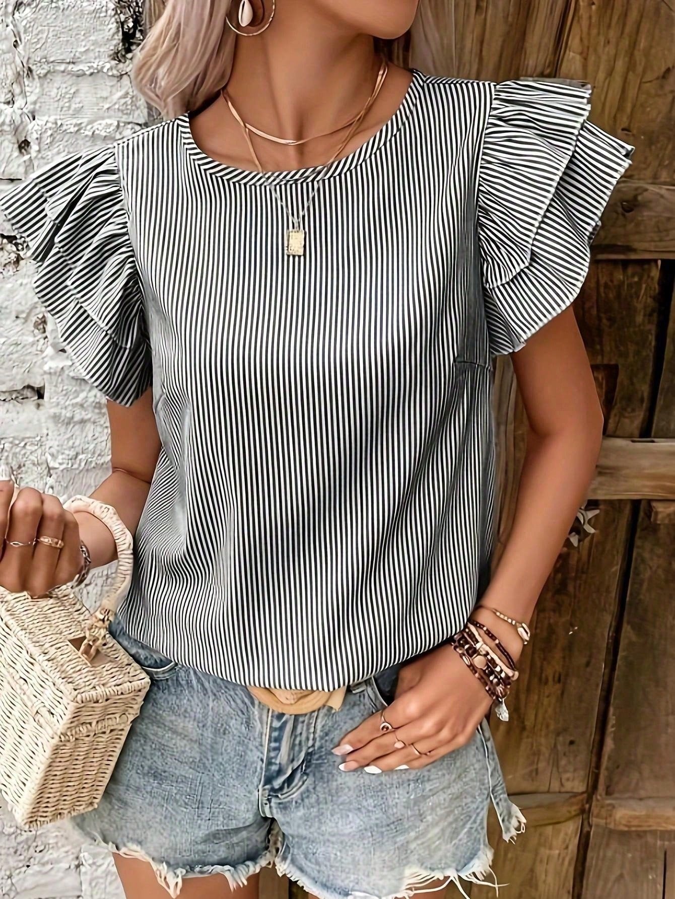 Women's Autumn Striped Ruffle Sleeve Round Neck Top, Casual Multi-Layer Ruffle Short Sleeve Blouse, Polyester Fabric Back To School Season Pink