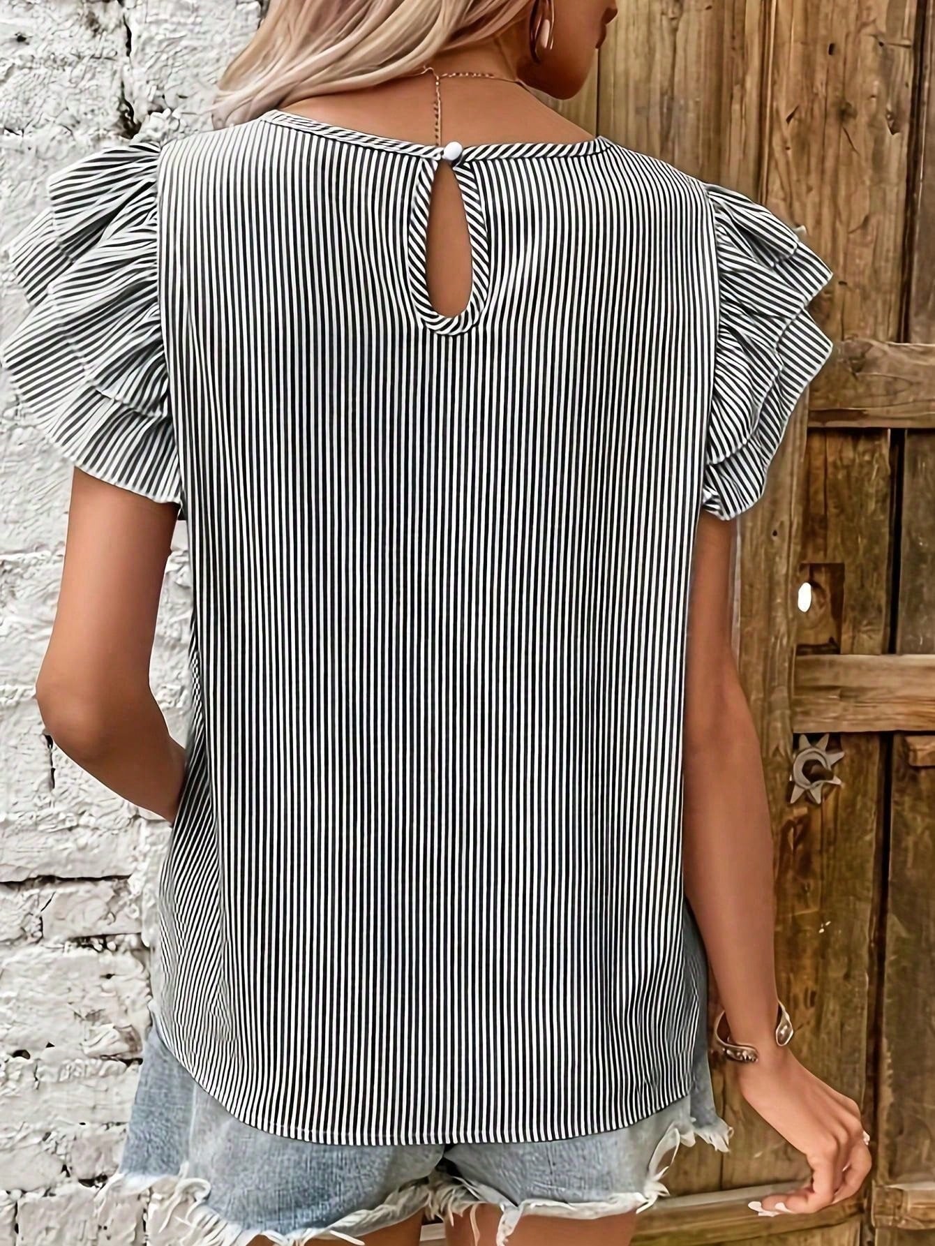 Women's Autumn Striped Ruffle Sleeve Round Neck Top, Casual Multi-Layer Ruffle Short Sleeve Blouse, Polyester Fabric Back To School Season Pink