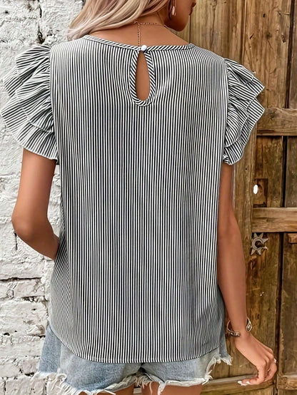 Women's Autumn Striped Ruffle Sleeve Round Neck Top, Casual Multi-Layer Ruffle Short Sleeve Blouse, Polyester Fabric Back To School Season Pink
