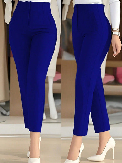 Women's Autumn Waist-Cinched Slim-Fit Cropped Commuter Pants, Knit Fabric, With Zipper And Pockets, Medium Stretch, Perfect For Autumn/Winter Back To School, Blue